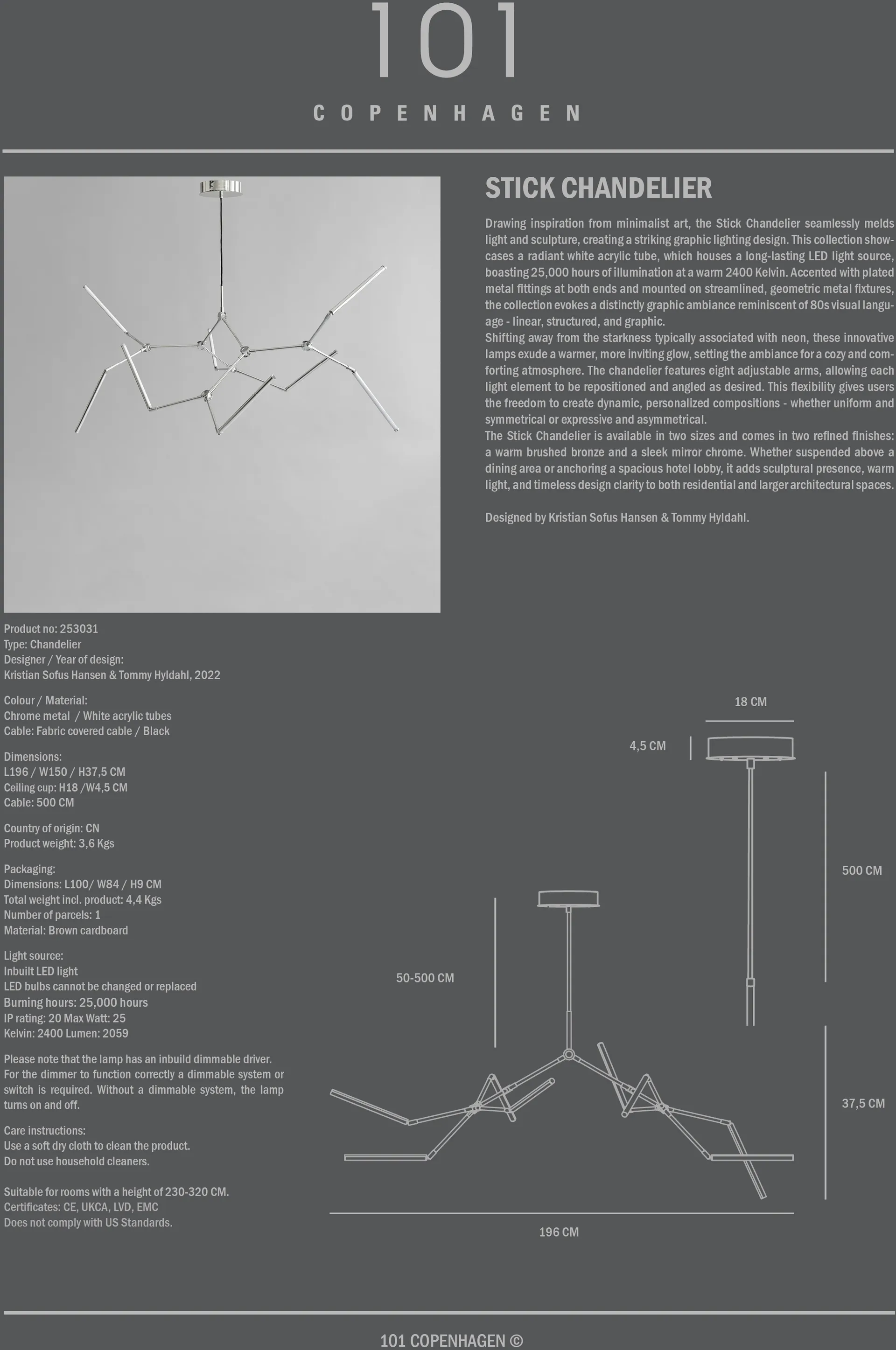 Stick chandelier chandelier, Chrome 101 Copenhagen