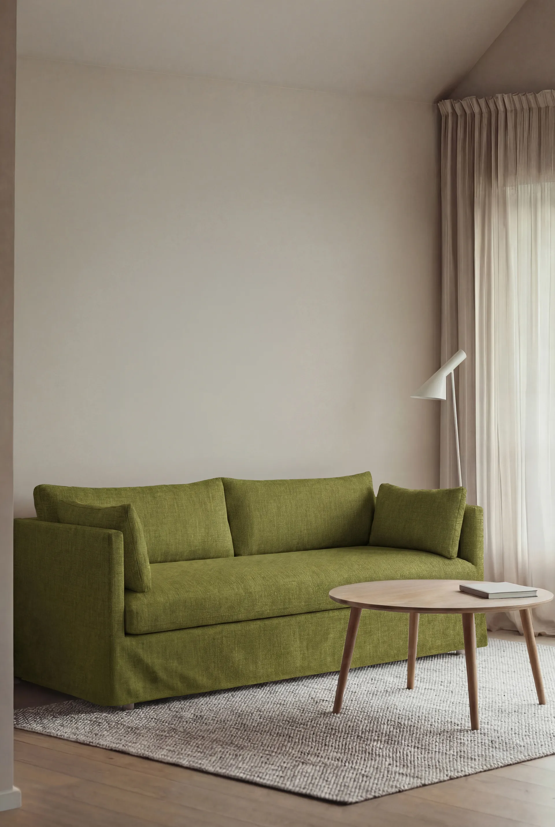 Linnevik sofa, Luiza green 3975-white-oiled oak, 3-seater, with skirt 1898