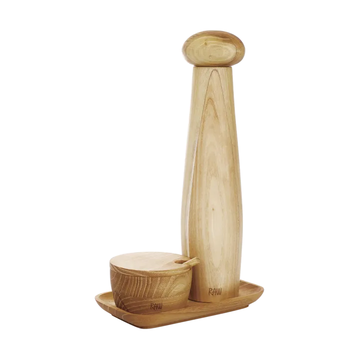 Raw ceramic pepper mill salt bowl & tray 3 pieces - Teak - Aida