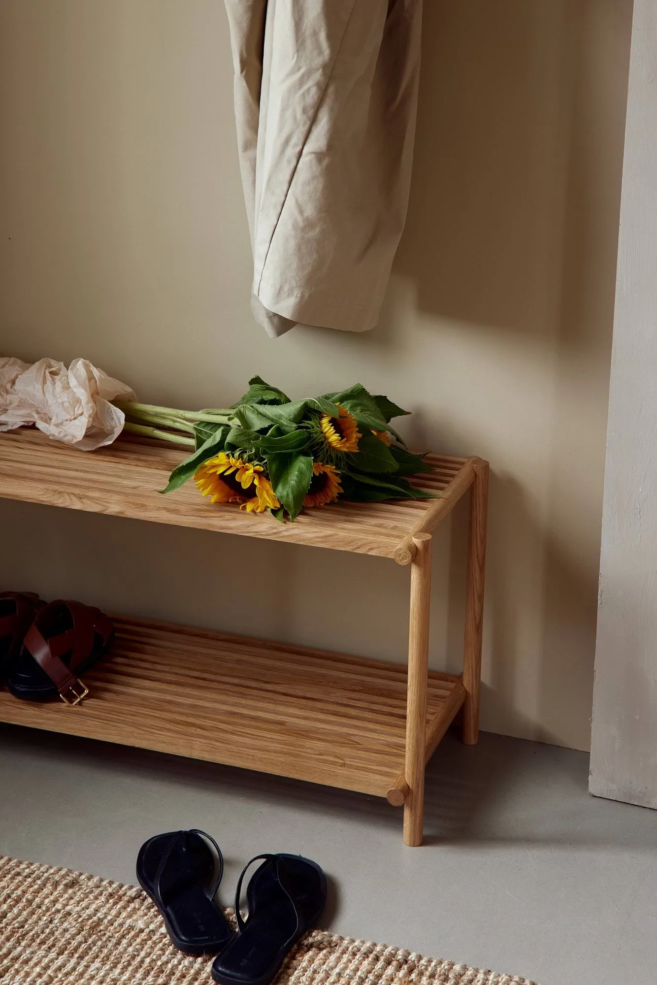 Column shoe rack, Matt lacquered oak Andersen Furniture