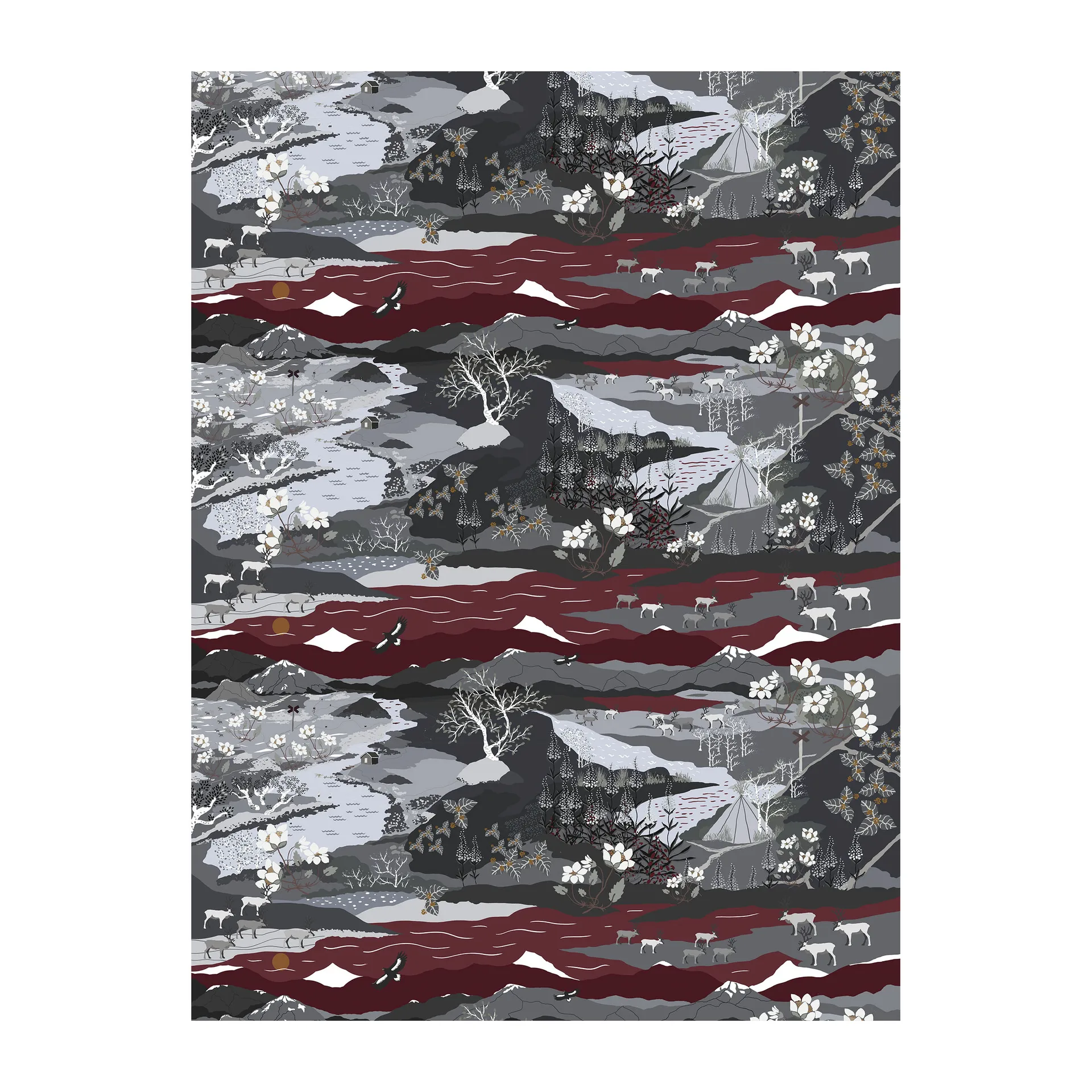 Fjällvandring oilcloth, grey-burgundy Arvidssons Textil
