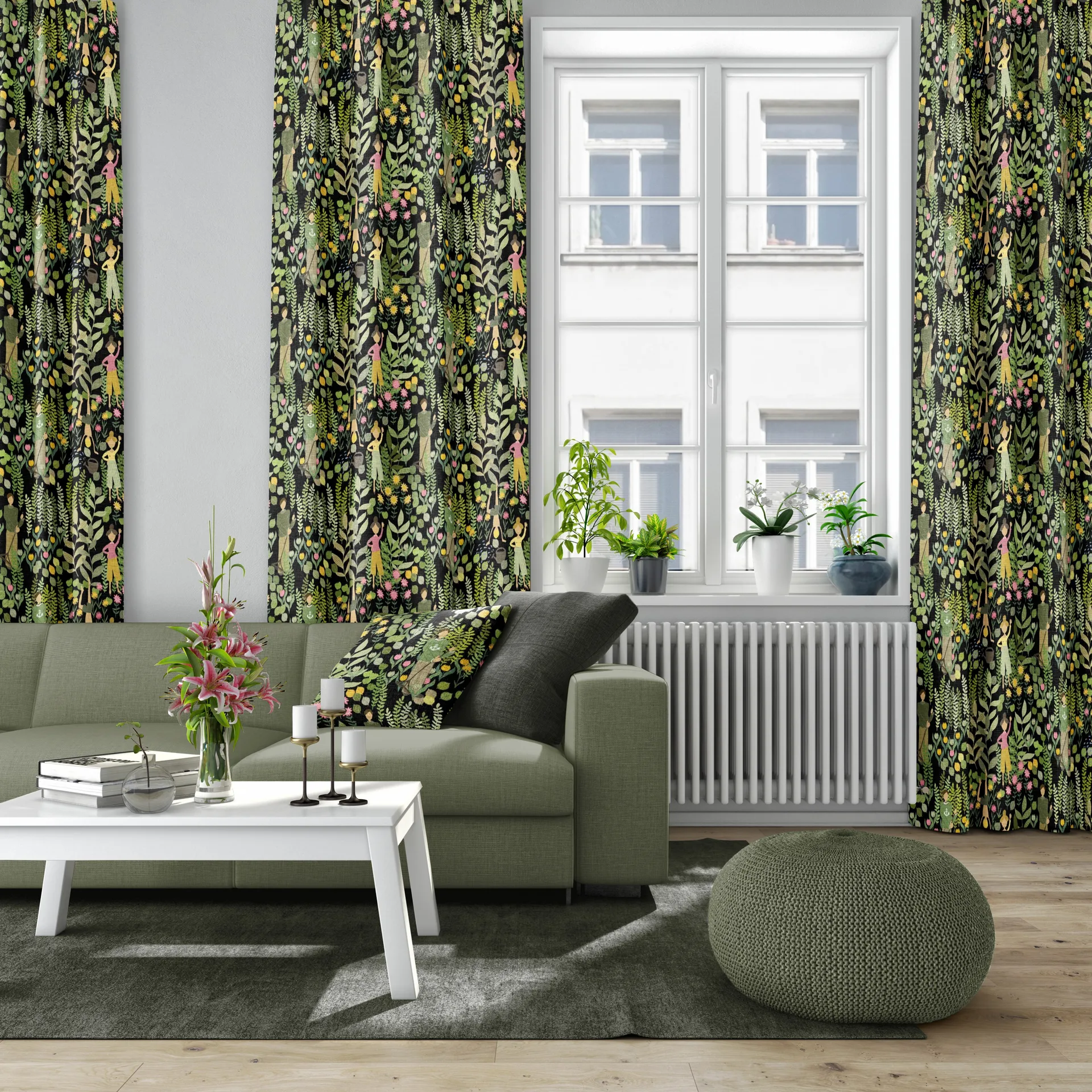 Trädgård fabric, Black-green Arvidssons Textil