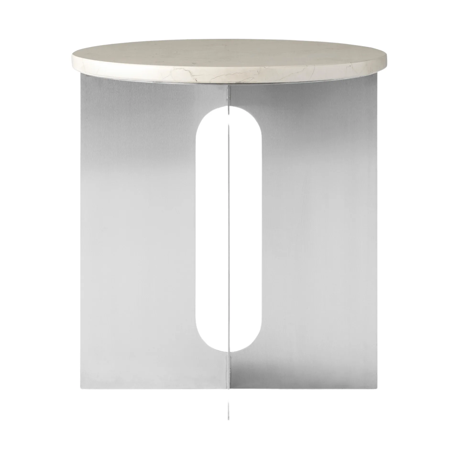 Androgyne side table, Crystal Rose marble-brushed steel, Ø42 cm Audo Copenhagen