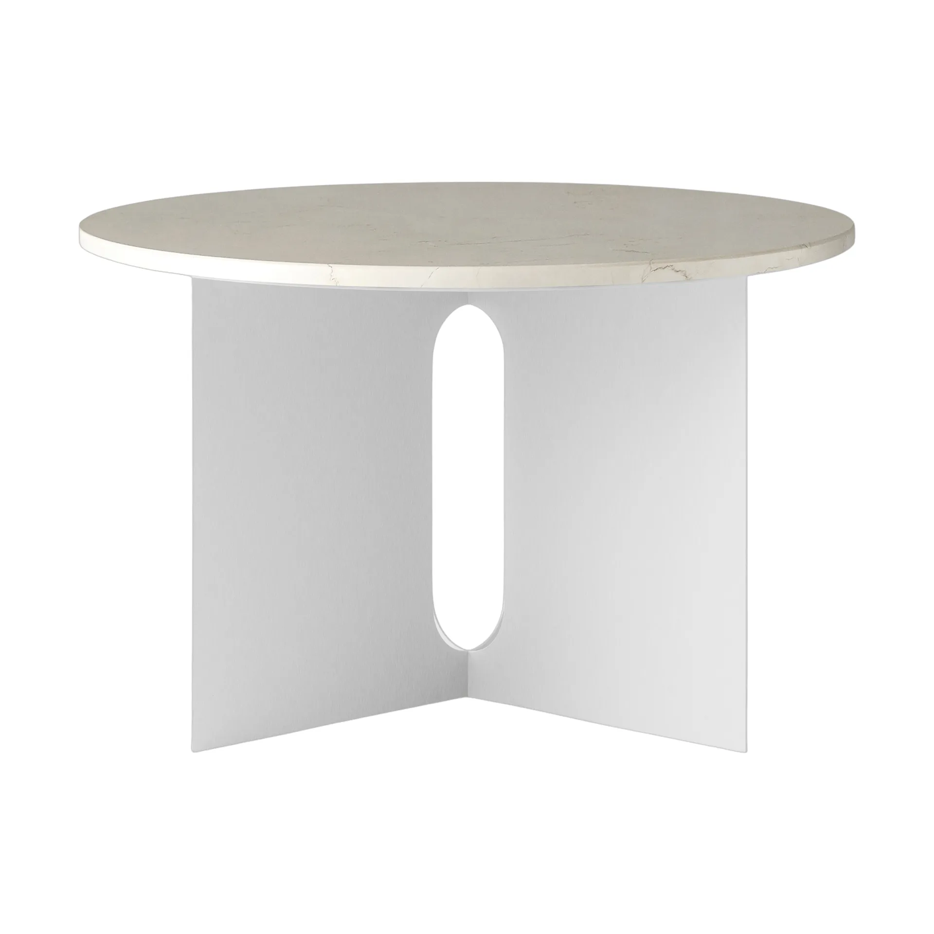 Androgyne side table, Crystal Rose marble-brushed steel, Ø65 cm Audo Copenhagen