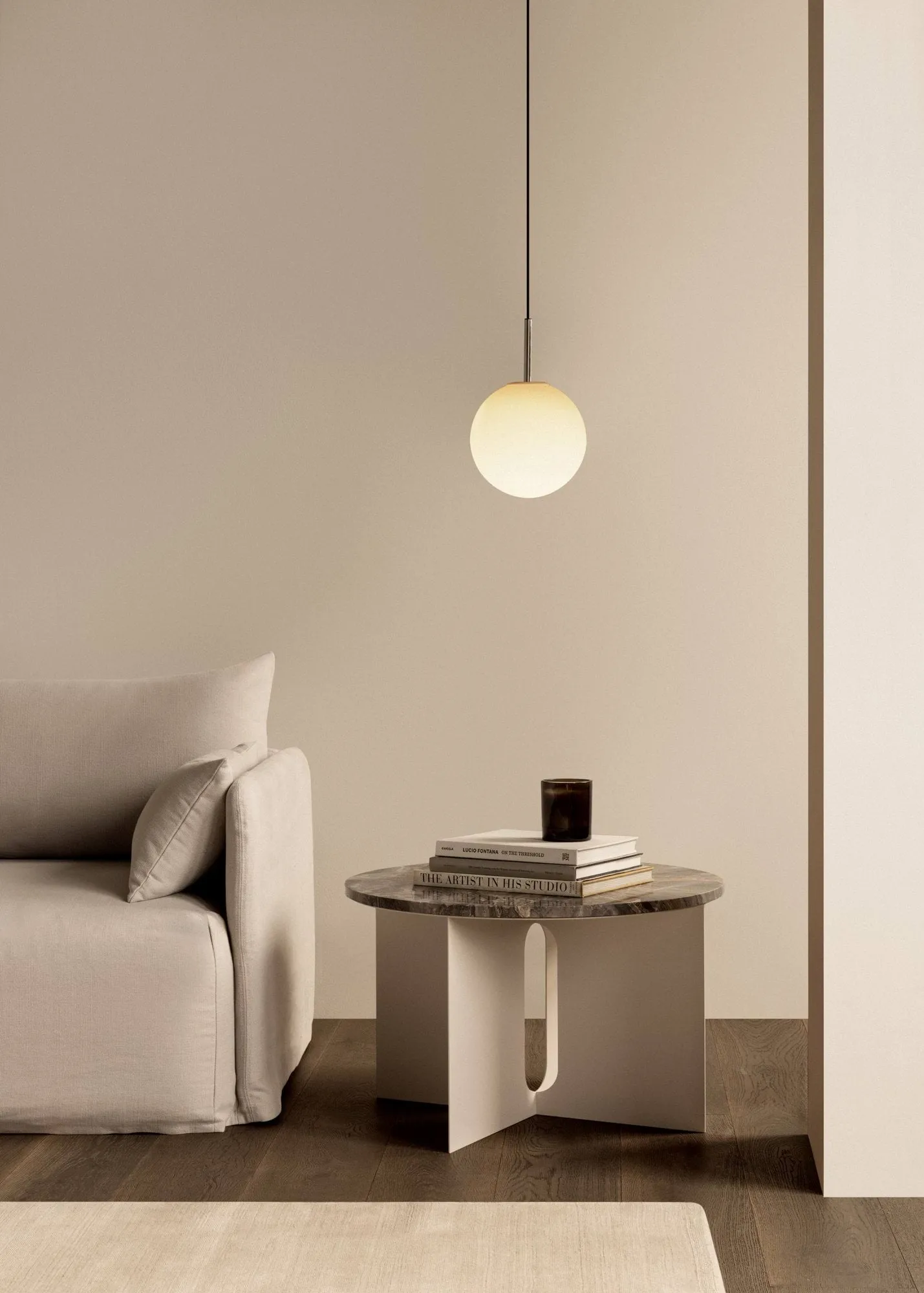 Androgyne side table, Crystal Rose marble-brushed steel, Ø65 cm Audo Copenhagen