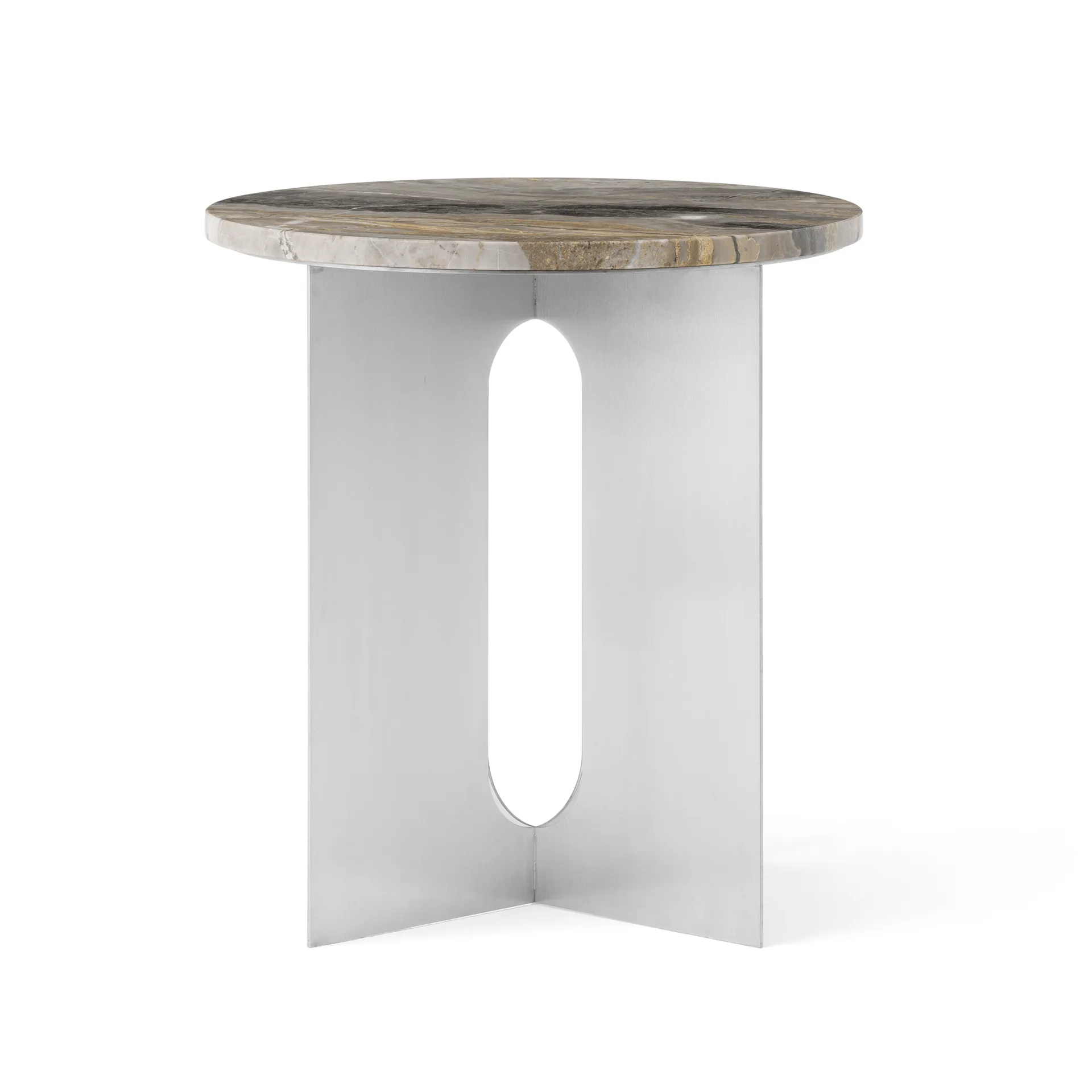 Androgyne side table, Grey Galaxy marble-brushed steel, Ø42 cm Audo Copenhagen