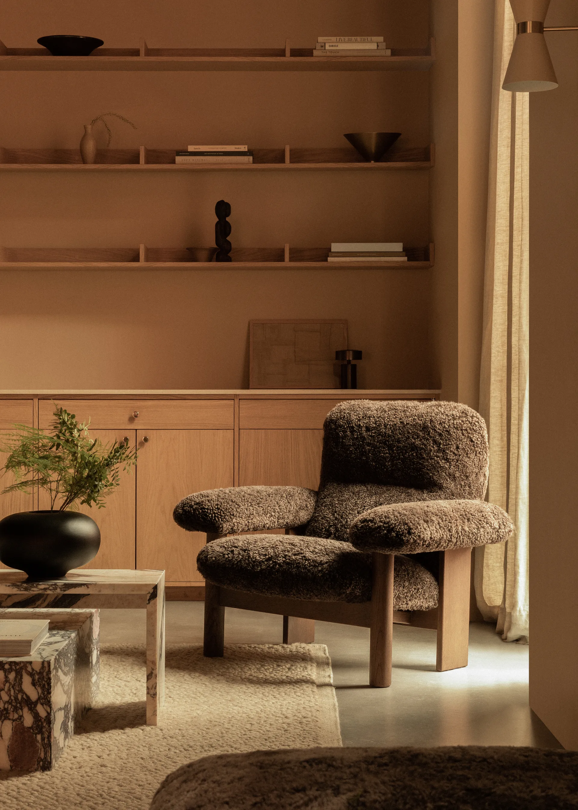 Brasilia armchair, Walnut-Nature sheepskin curly Audo Copenhagen