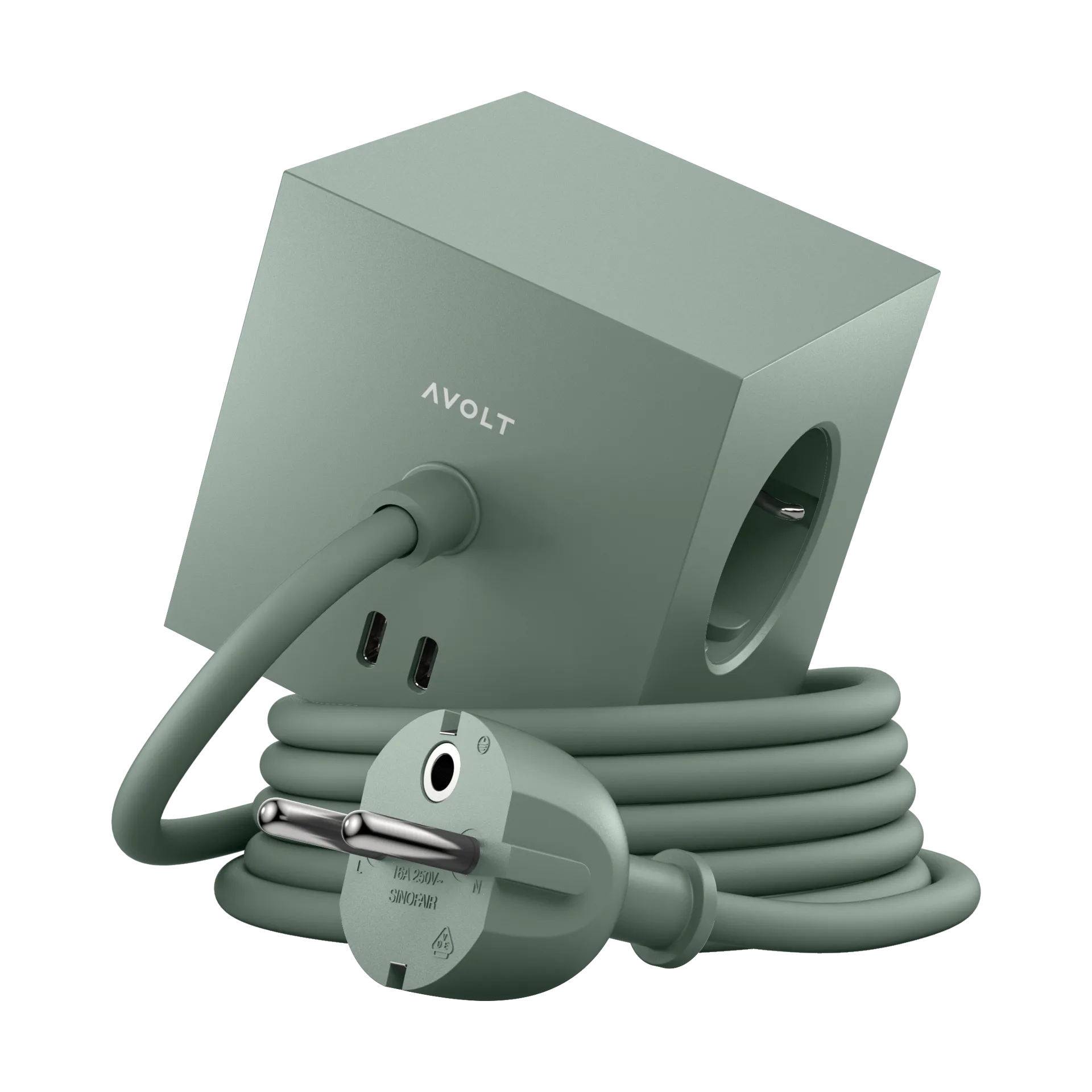Square 1 socket USB-C 30W 1.8 m, Oak green Avolt