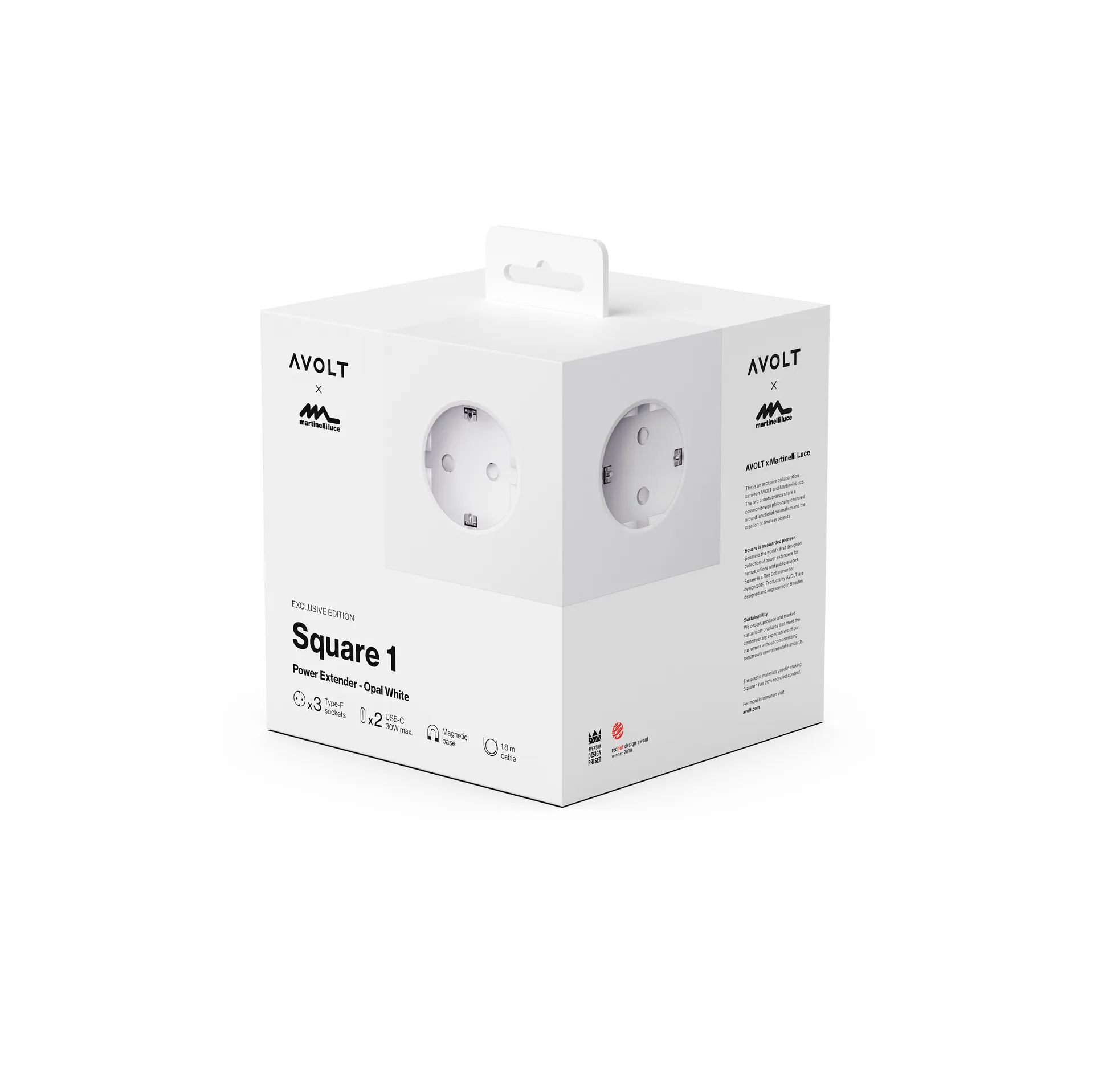 Square 1 socket USB-C 30W 1.8 m, White Martinelli Luce edition Avolt