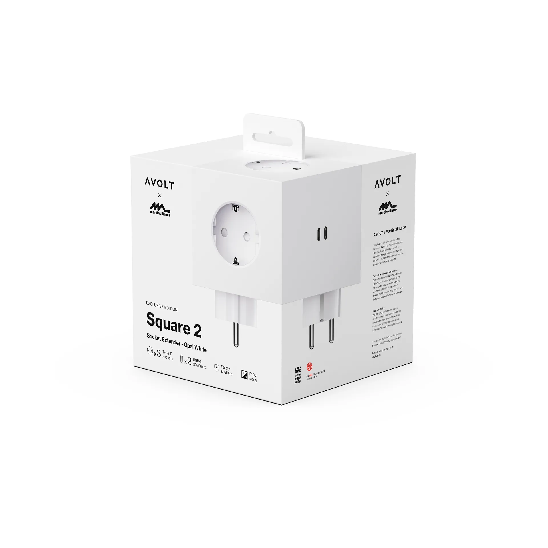 Square 2 outlet, Martinelli Luce Opal White Avolt