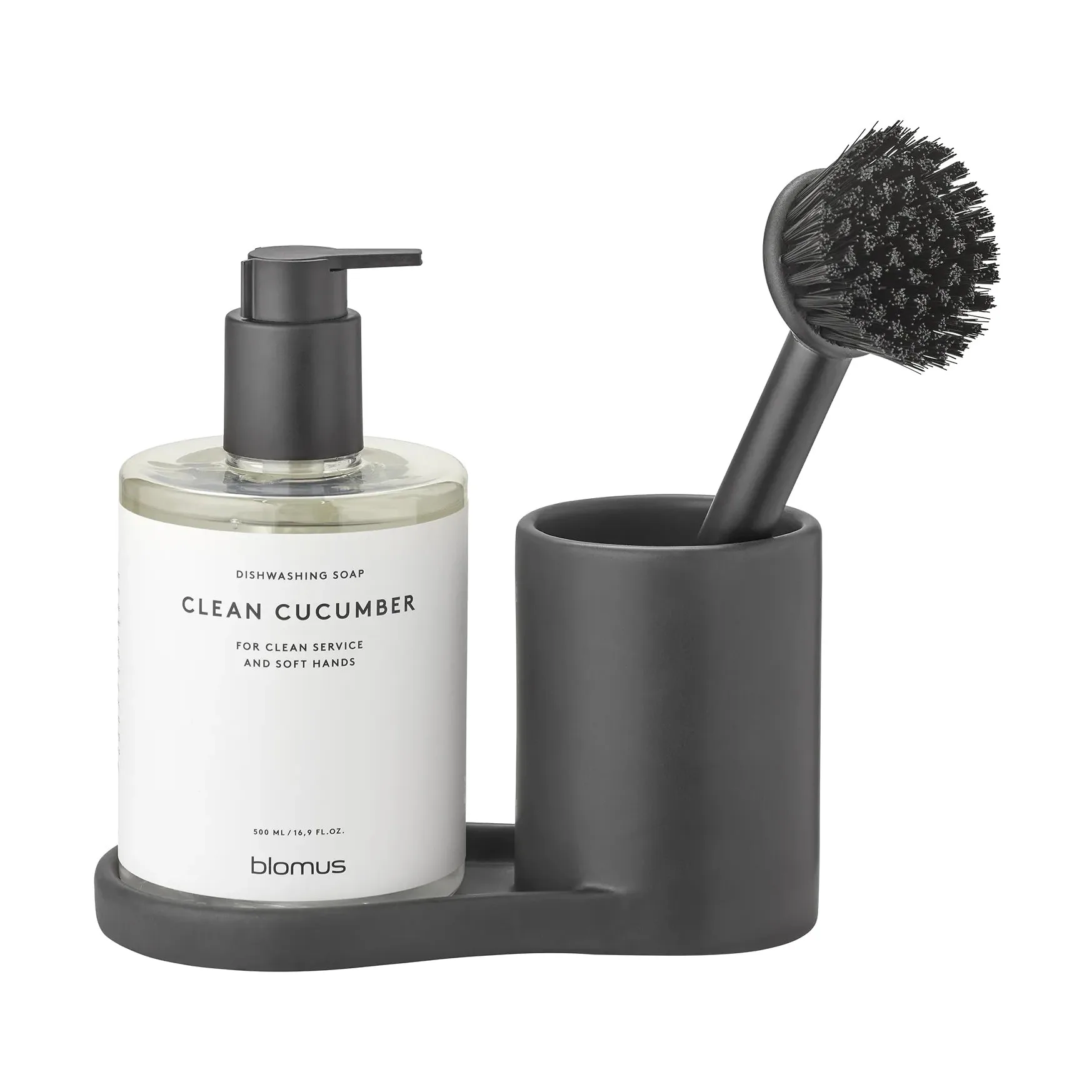 Piro dish brush and soap holder, Black blomus