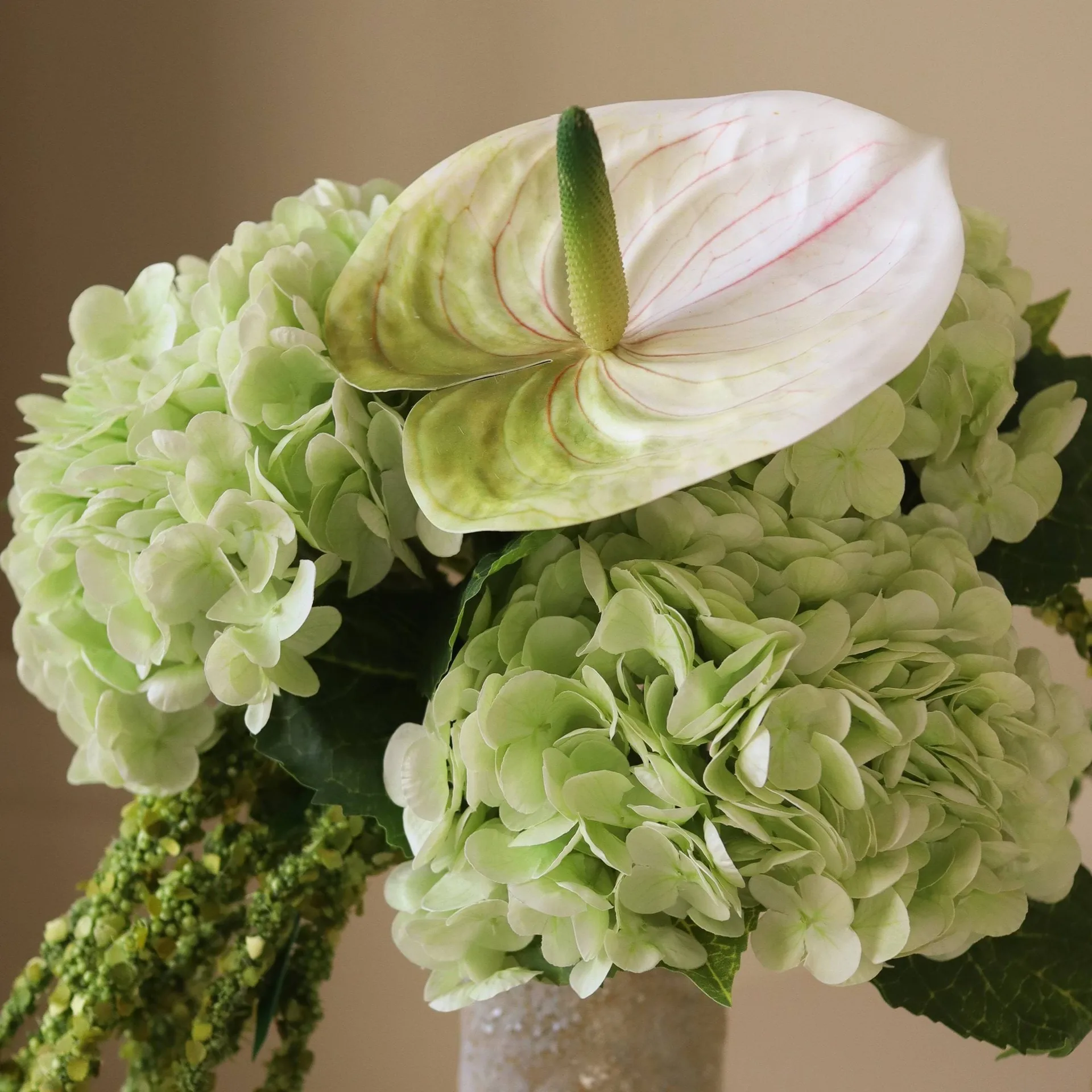 Artificial flower bouquet Dewdrop Symphony, Hydrangea light green anthurium amaranth, 6 pcs Botané