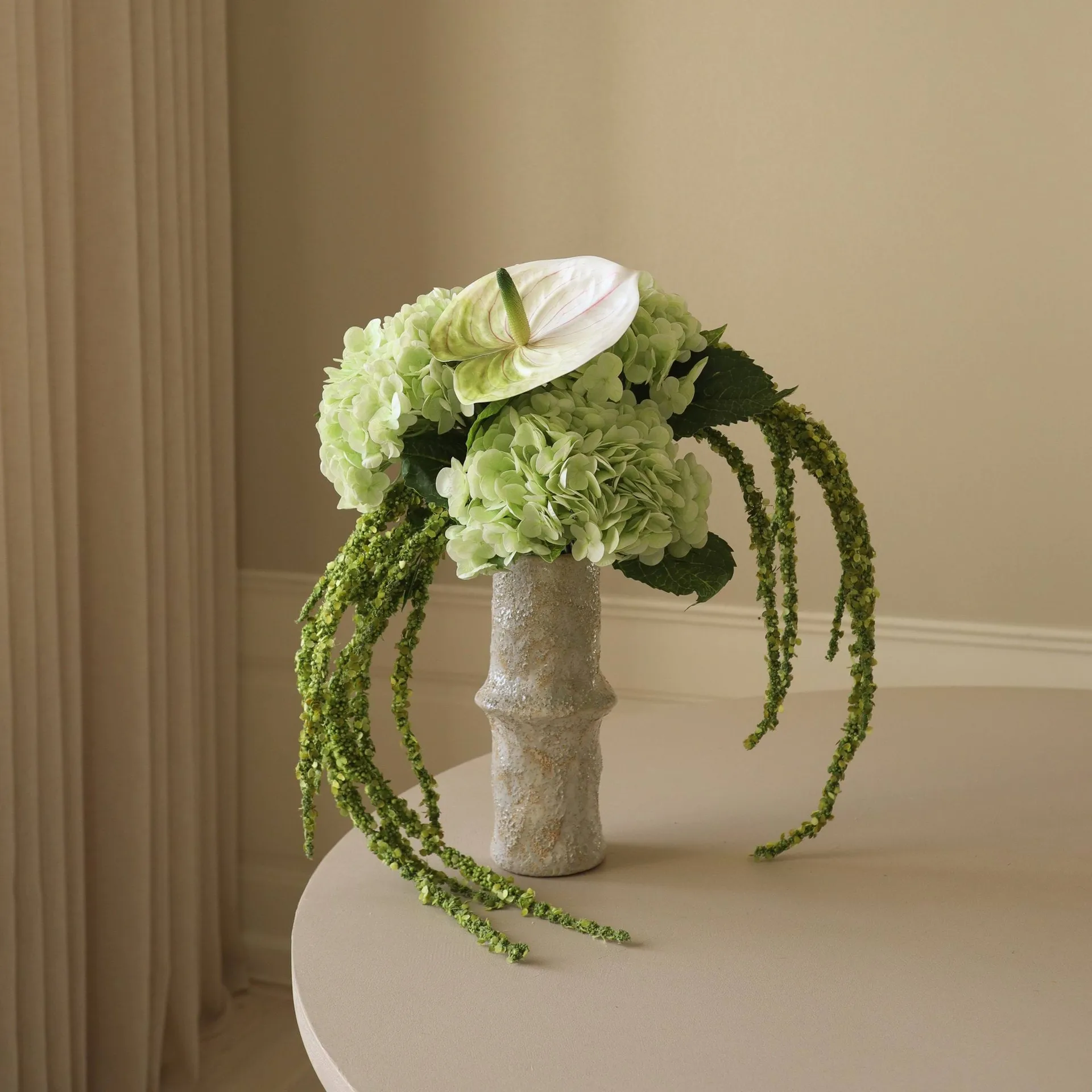 Artificial flower bouquet Dewdrop Symphony, Hydrangea light green anthurium amaranth, 6 pcs Botané