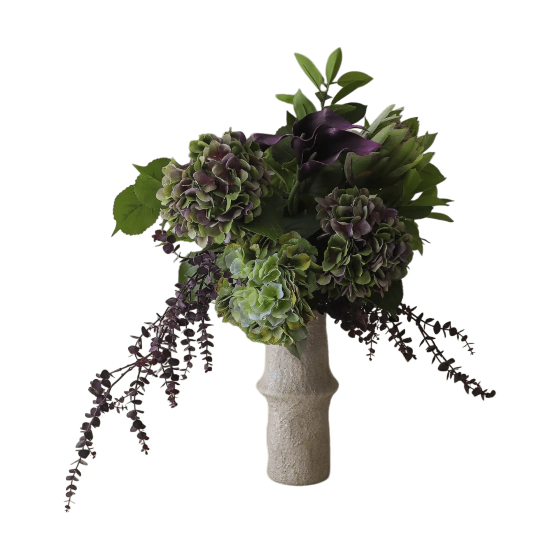 Aubergine Bloom artificial bouquet, Calla–hydrangea–king protea, 106 cm, 12 pcs Botané