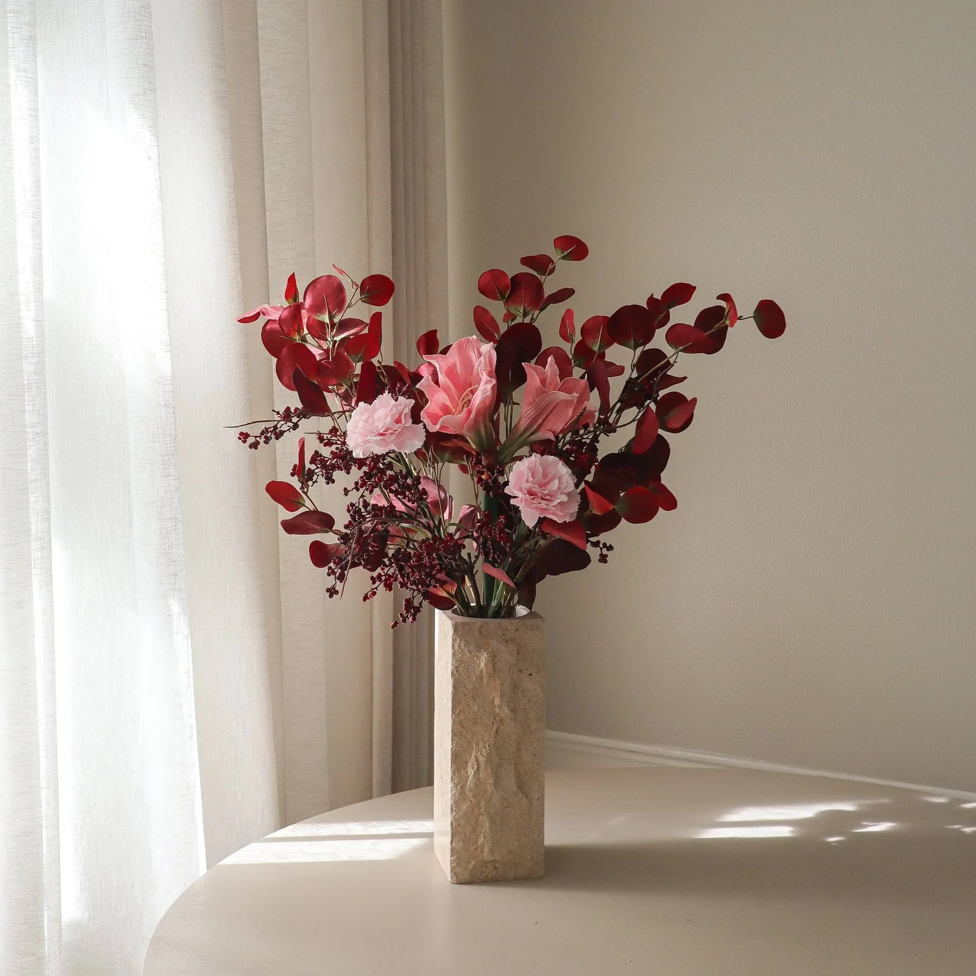 Burgundy blush artificial bouquet, Amaryllis, carnation, berry branches, eucalyptus, 84 cm Botané