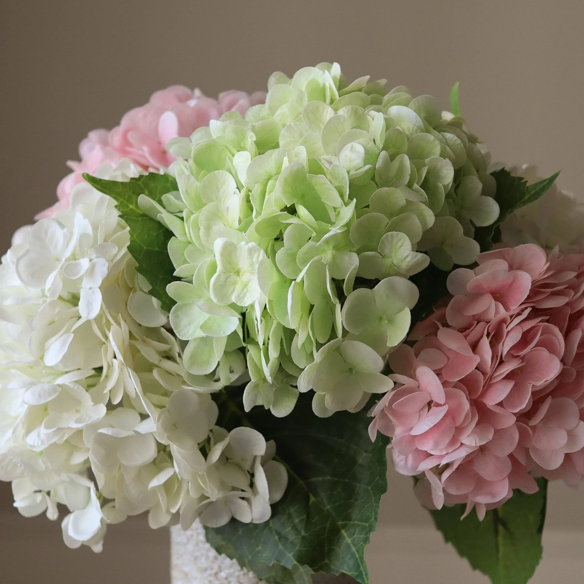 Hydrangea artificial bouquet, Pink-white-green, 7 pcs Botané