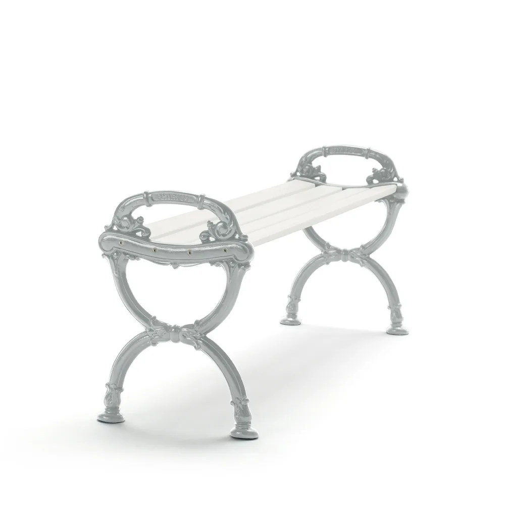 Byarum Bench, White lacquered pine, raw aluminum stand Byarums bruk