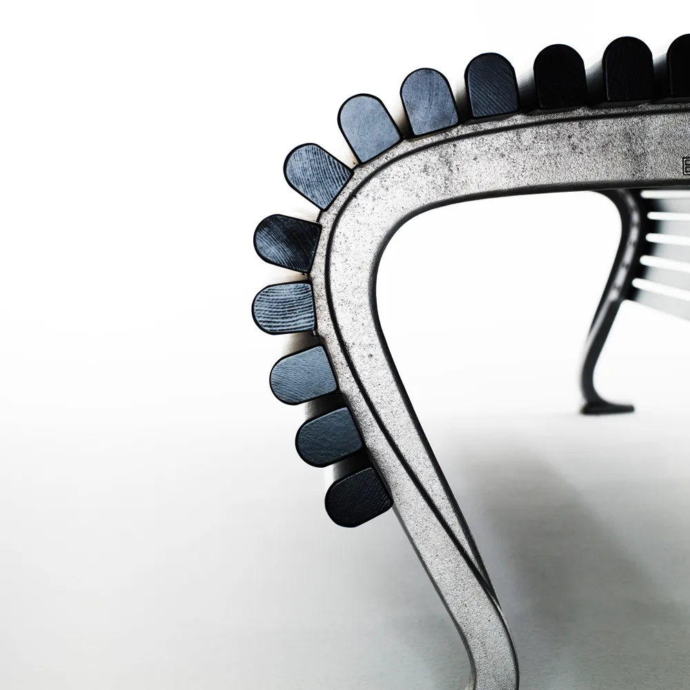 Jujol bench, Mahogany black glaze, narrow, black stand Byarums bruk