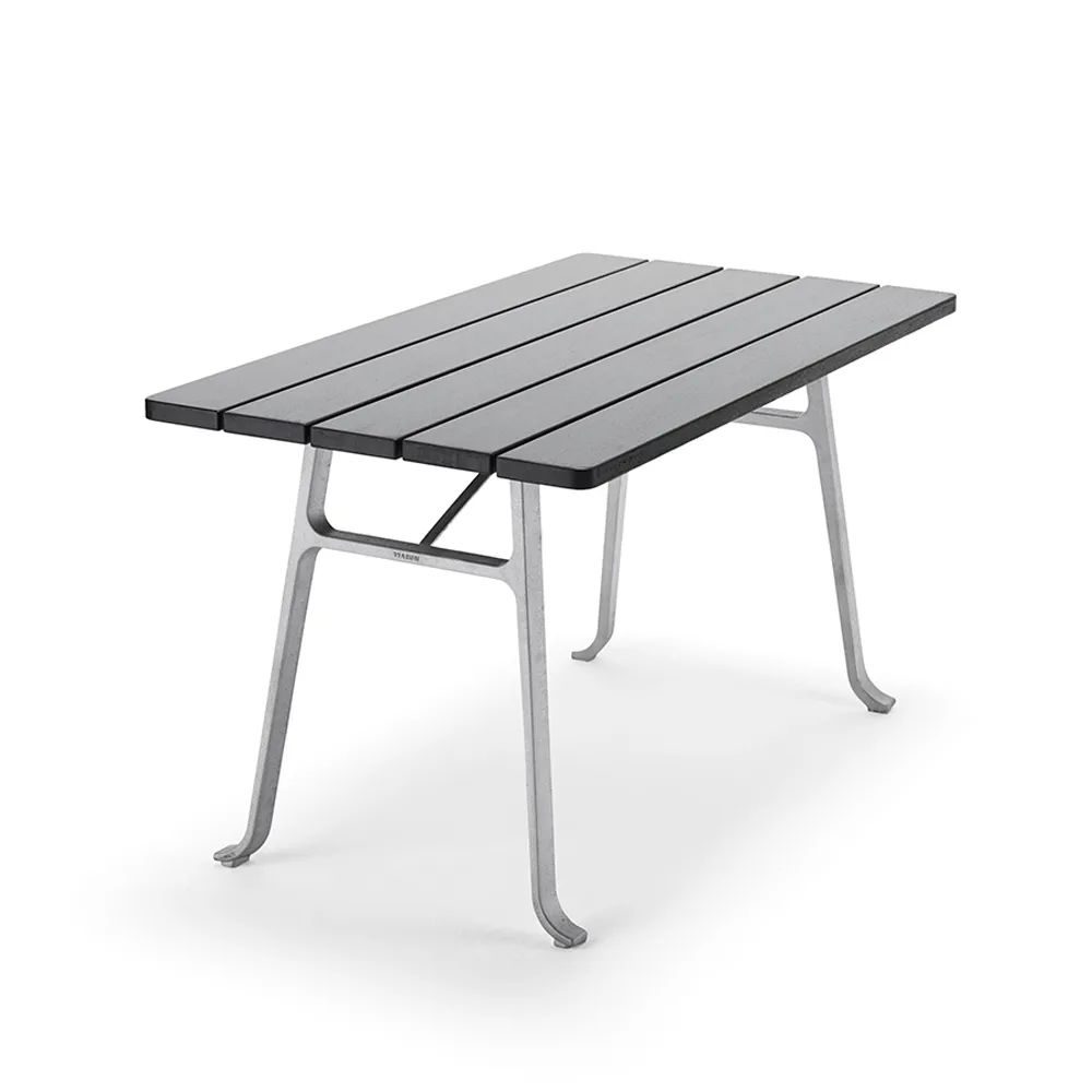 Seriff table, Mahogany black glaze, raw aluminum stand Byarums bruk