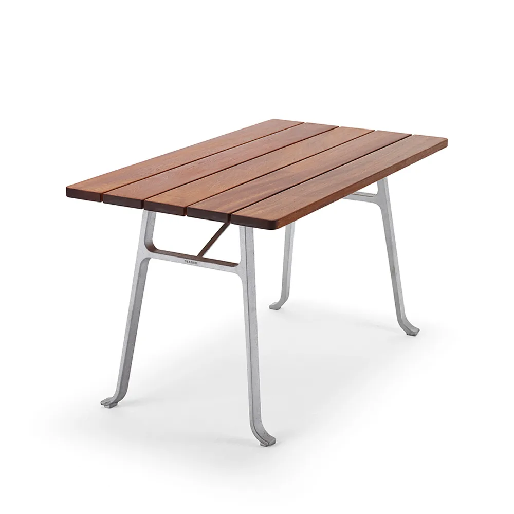 Seriff table, Mahogany oil, raw aluminum stand Byarums bruk