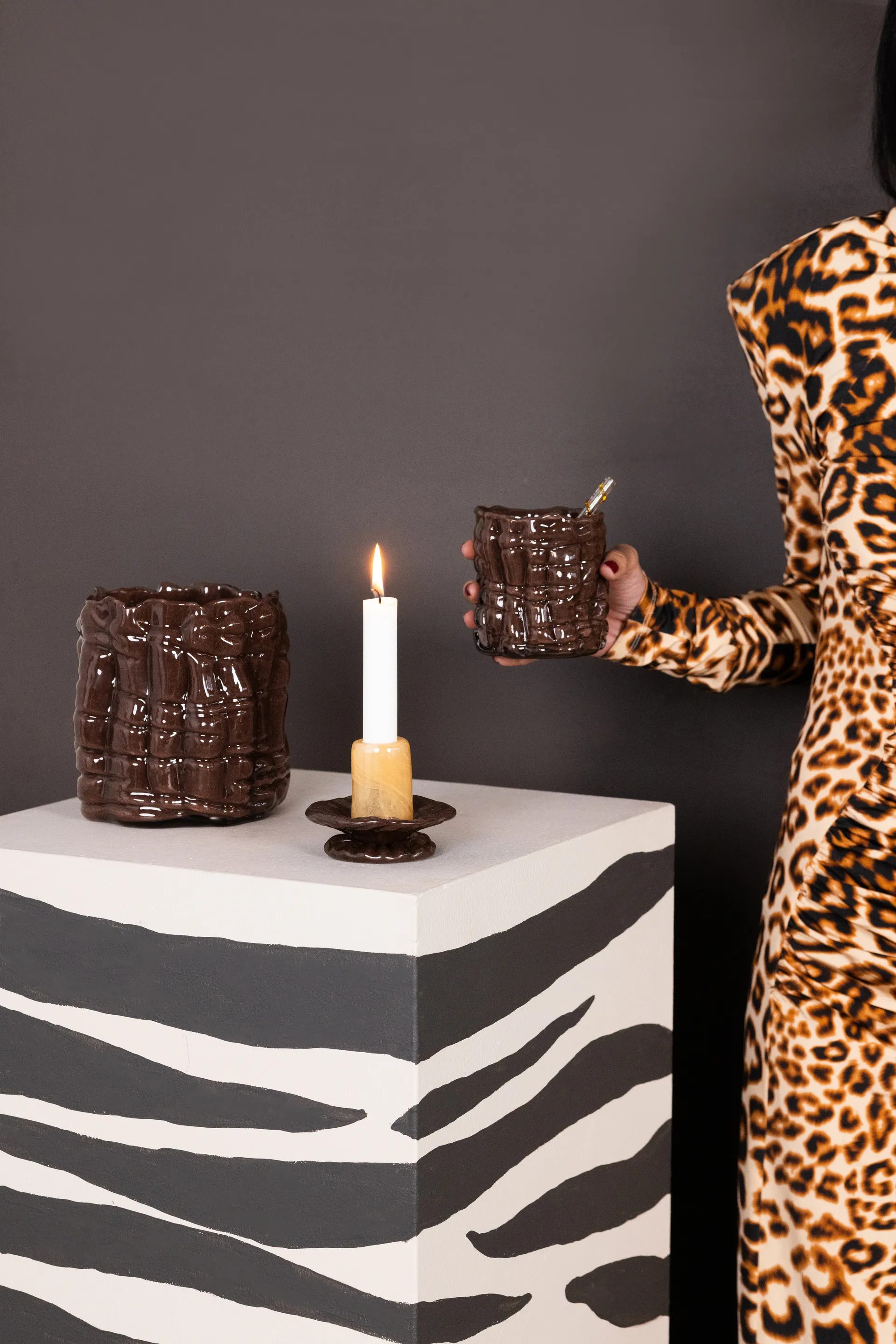 Lara candle holder XS 9 cm, Orange-brown Byon
