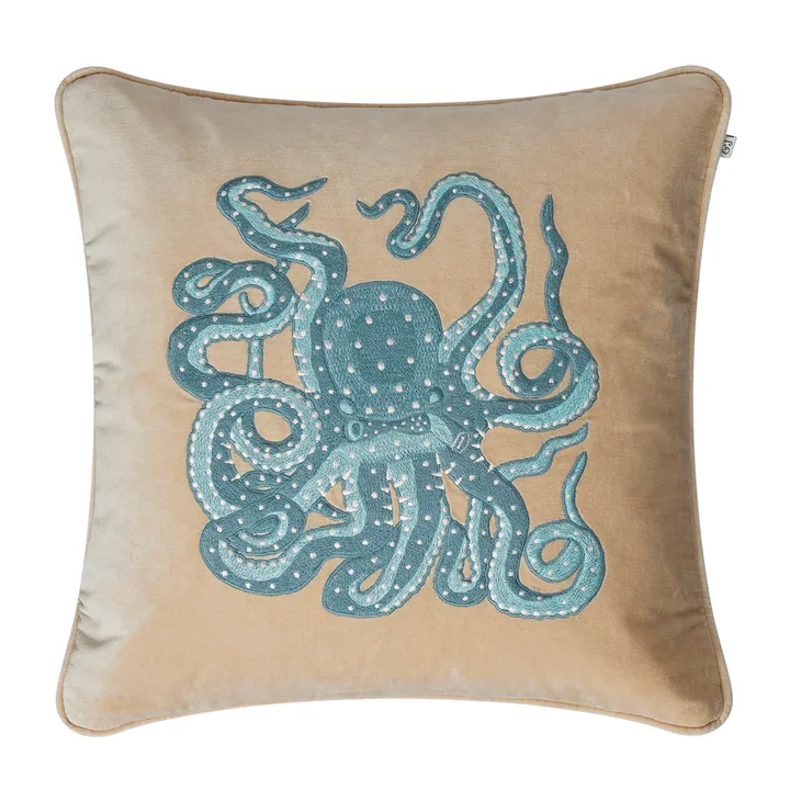Embroidered Octopus cushion cover 50x50 cm - beige-aqua - Chhatwal & Jonsson