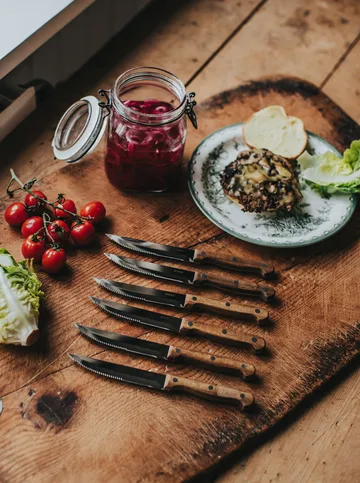 BBQ steak knife - Stainless steel, 6-pack, acacia wooden box, 22.5x2 cm - Dorre