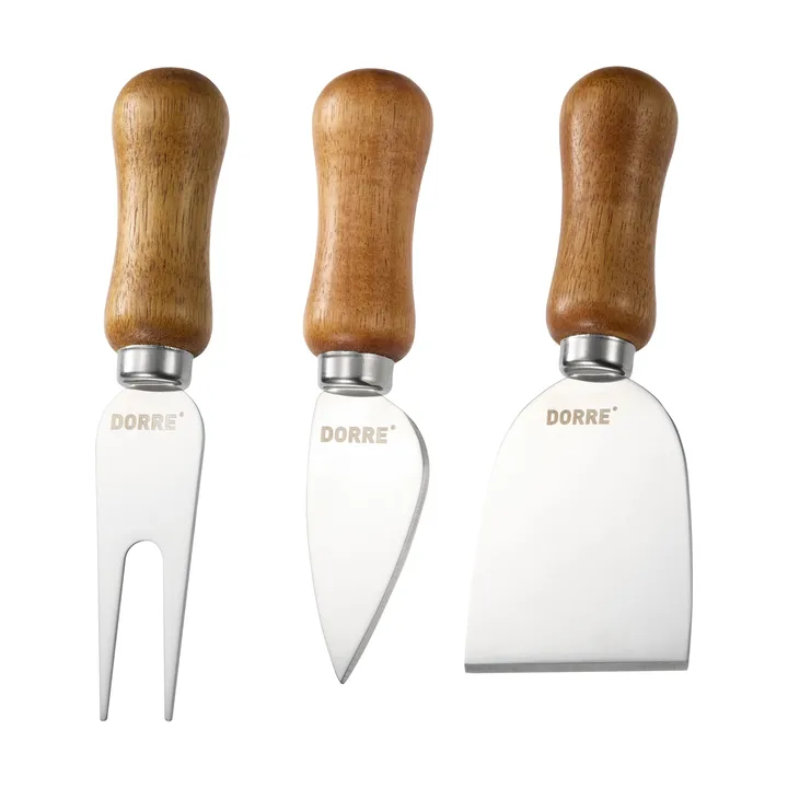 Olva cheese knife set - Acacia wood, stainless steel, 3-piece, 13 cm - Dorre