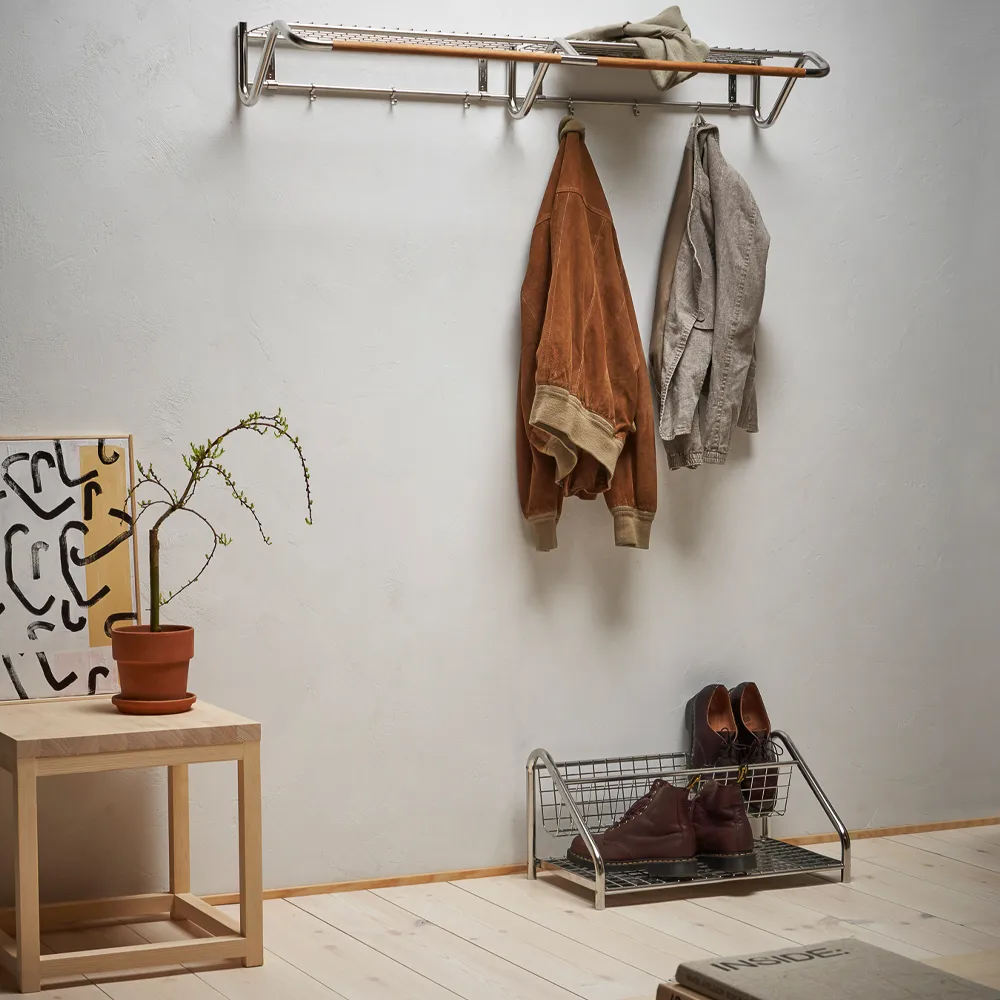 Funk hat shelf, Stainless steel, oiled oak bar Essem Design