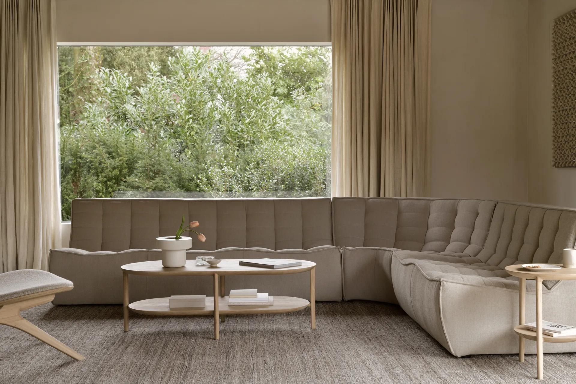 N701 modular corner sofa with rounded corner, fabric Ecru Beige, 301x171 cm,  Ethnicraft