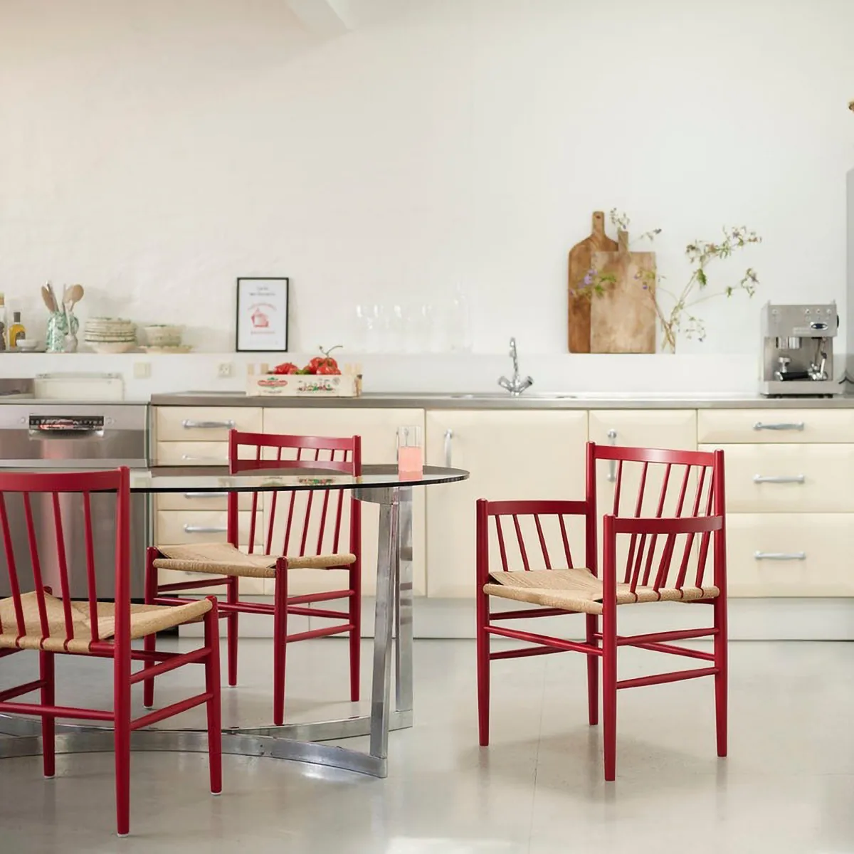 J81 chair with arms, Ruby red beech-paper cord FDB Møbler