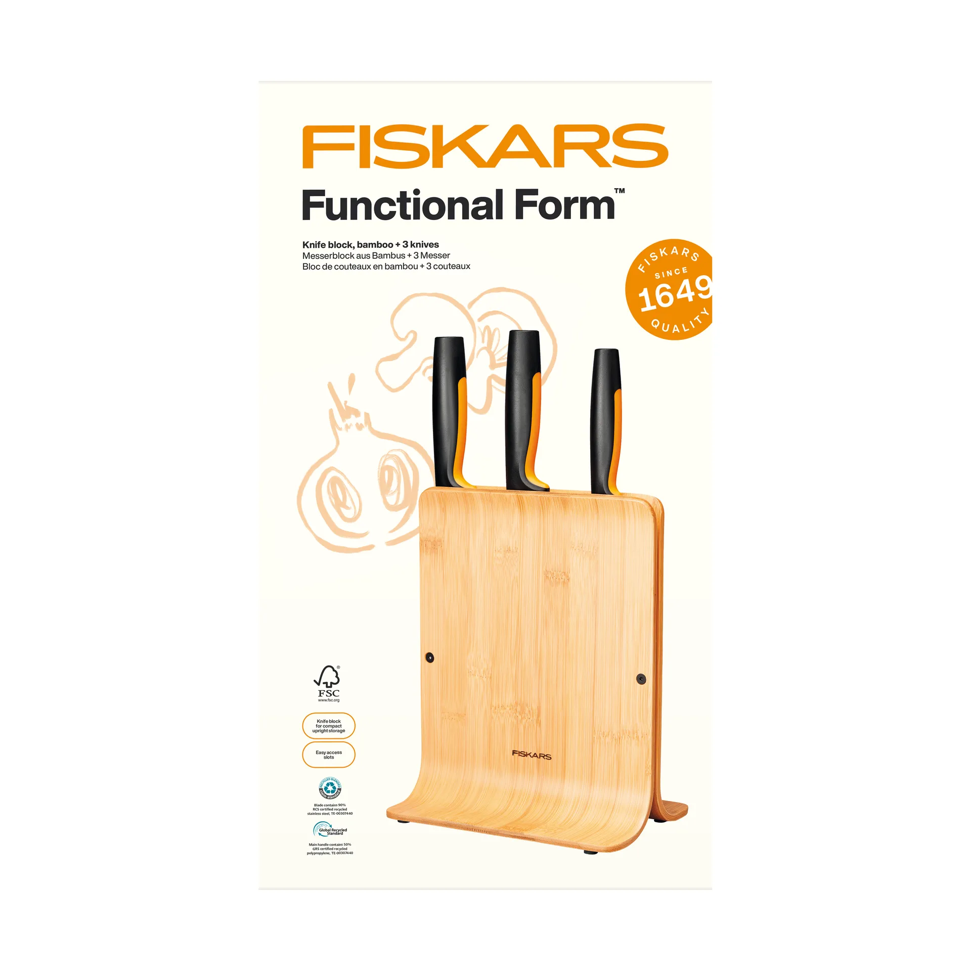 Functional Form knife set with knife block, Bamboo, 4 pieces Fiskars