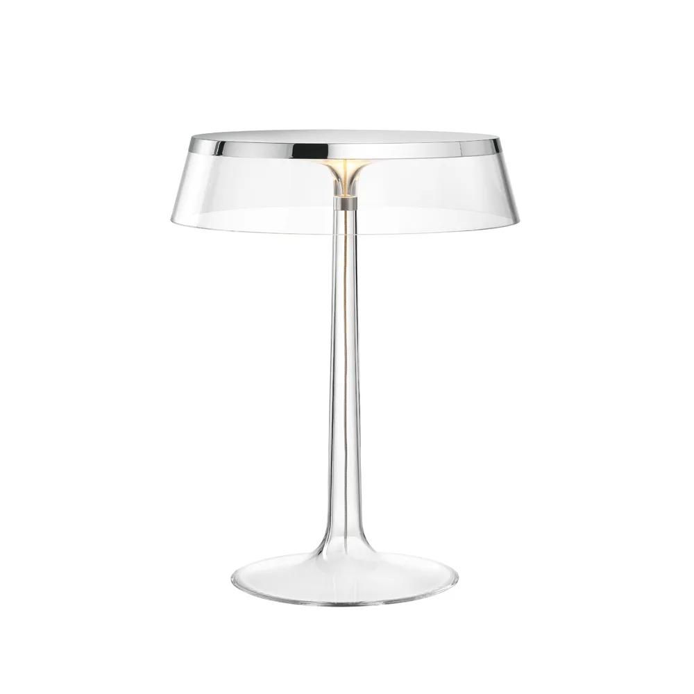Bon Jour T table lamp, Chrome, transparent lampshade Flos
