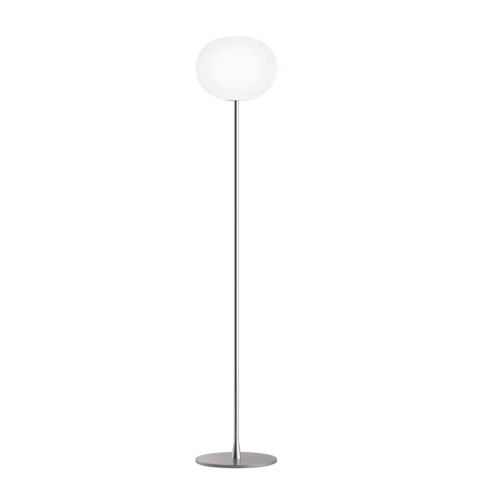 Glo-ball F2 floor lamp, White opal glass, matte silver stand Flos