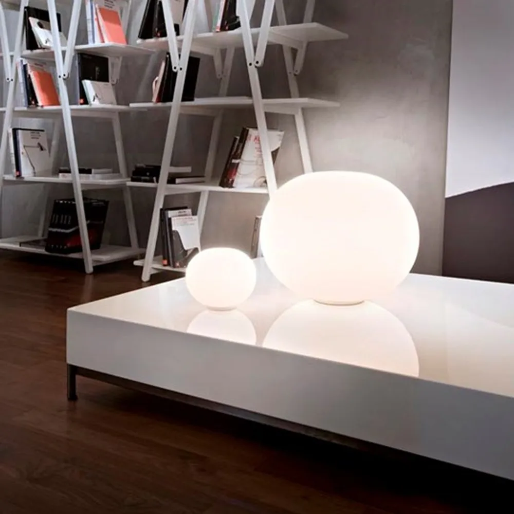 Glo-ball T1 table lamp, White opal glass, matte silver stand Flos
