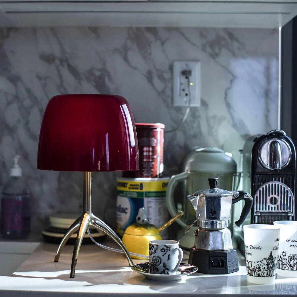 Lumiere Piccola Dimmable table lamp, Cherry red shade–aluminum base Foscarini