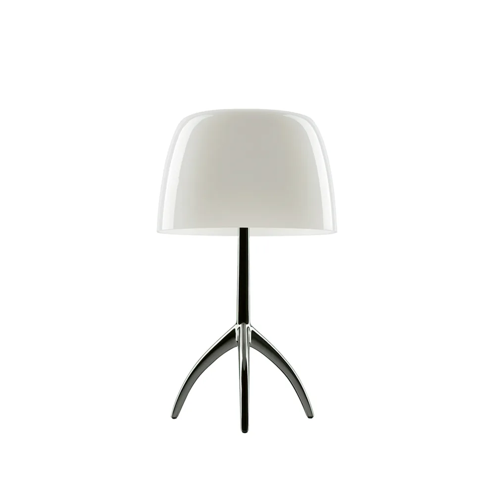 Lumiere Piccola Dimmable table lamp, Warm white shade–black chrome base Foscarini