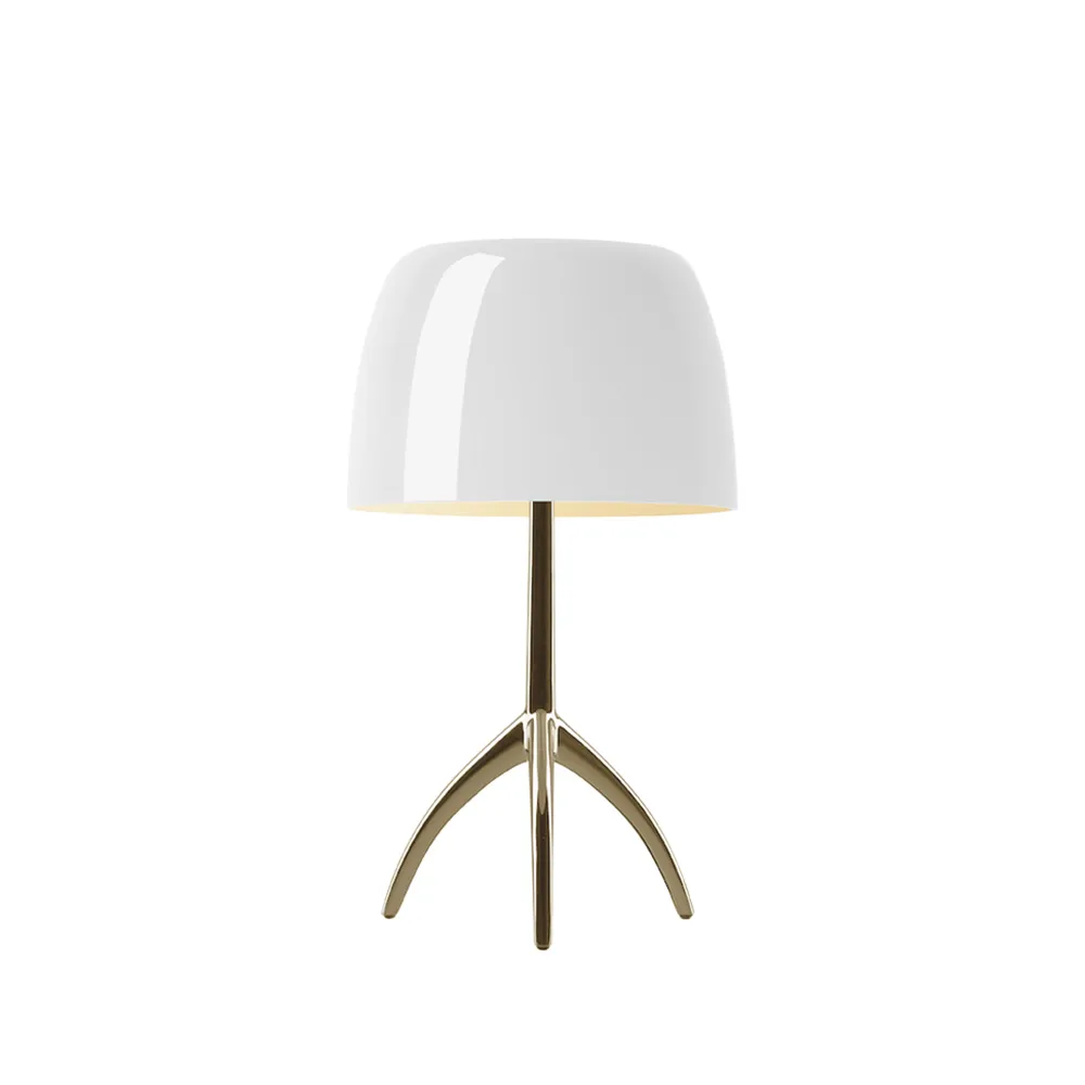 Lumiere Piccola Dimmable table lamp, White shade–champagne-coloured base Foscarini