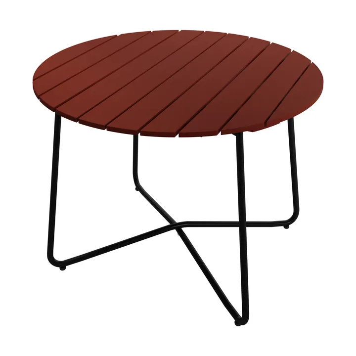 9A dining table - Dark red lacquered oak–black steel frame, Ø100 cm - Grythyttan Stålmöbler