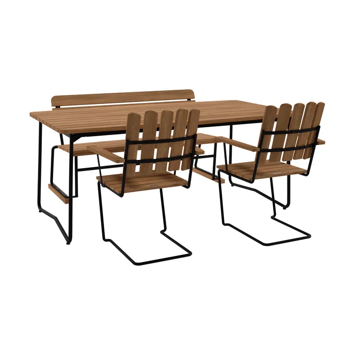 B31 table 170 cm + 2 A2 armchairs + 3 seater sofa, teak-black frame - Grythyttan Stålmöbler