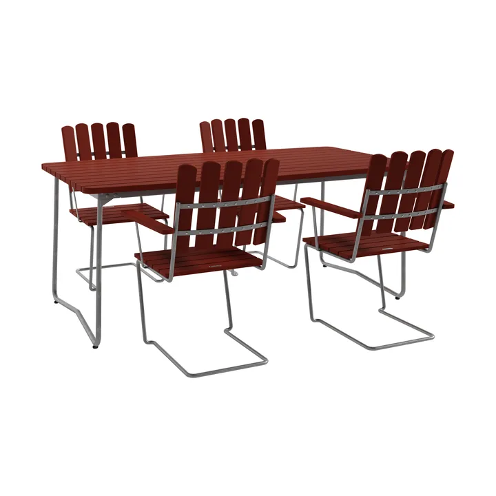 B31 table 170 cm + 4 A2 armchairs, dark red-warm galvanized frame - Grythyttan Stålmöbler