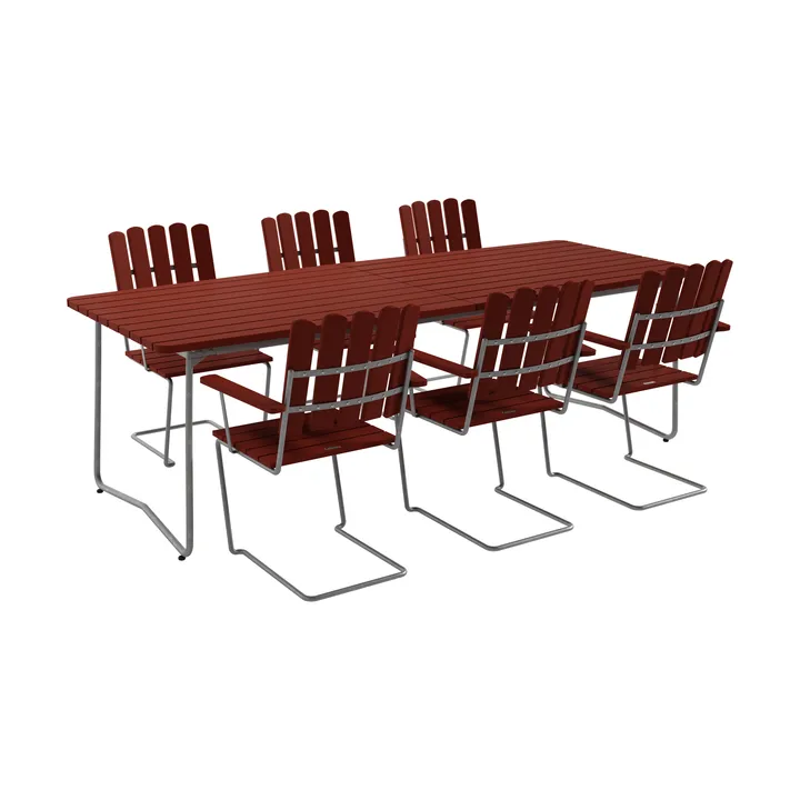 B31 table 230 cm + 6 A2 armchairs, dark red-hot-dip galvanized frame - Grythyttan Stålmöbler