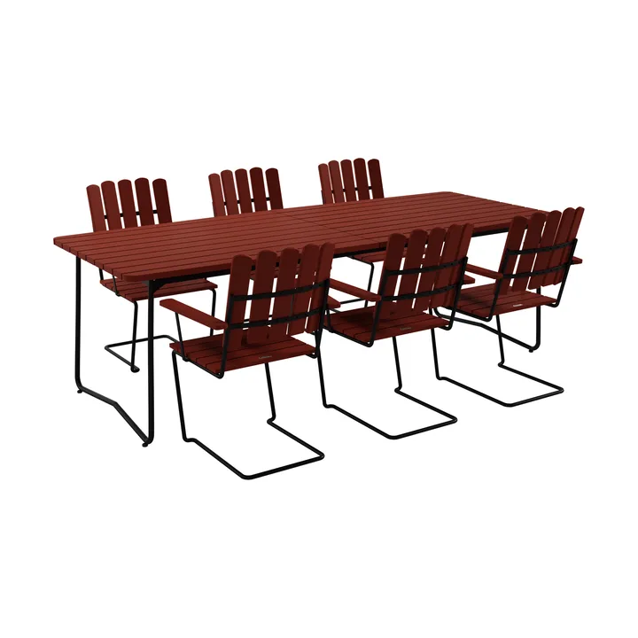 B31 table 230 cm + 6 A2 armchairs, dark red oak-black frame - Grythyttan Stålmöbler
