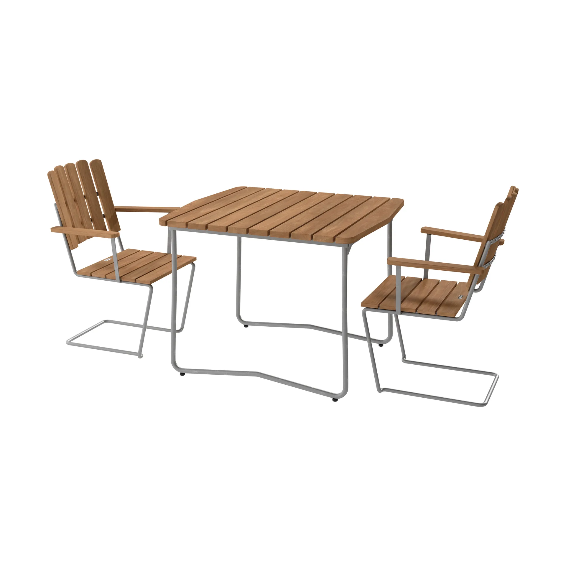 B31 table 92 cm + 2 A2 armchairs, teak–hot-dip galvanized frame,  Grythyttan Stålmöbler