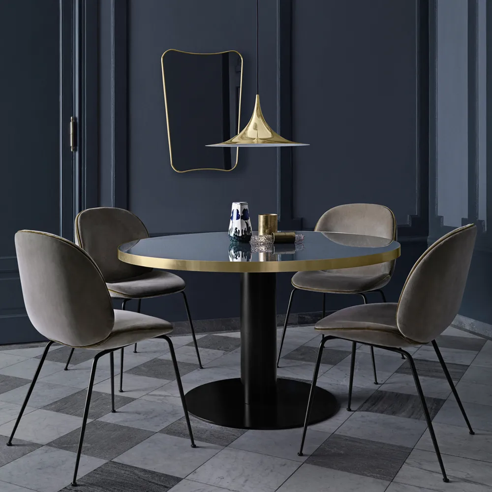 Gubi 2.0 dining table, Marble green. ø110. black stand GUBI