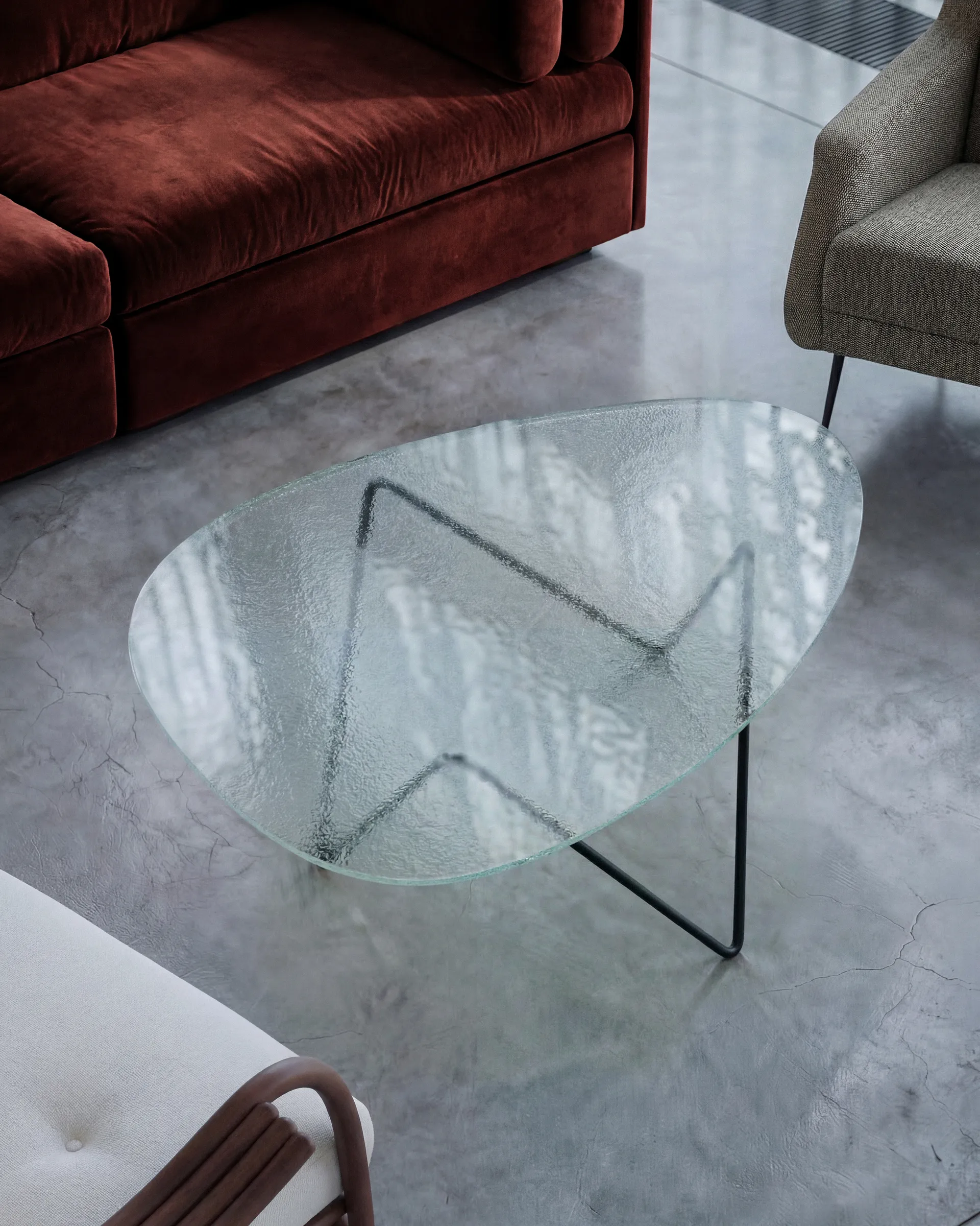 Pedrera sofa table, Black semi-matte–structured glass transparent GUBI