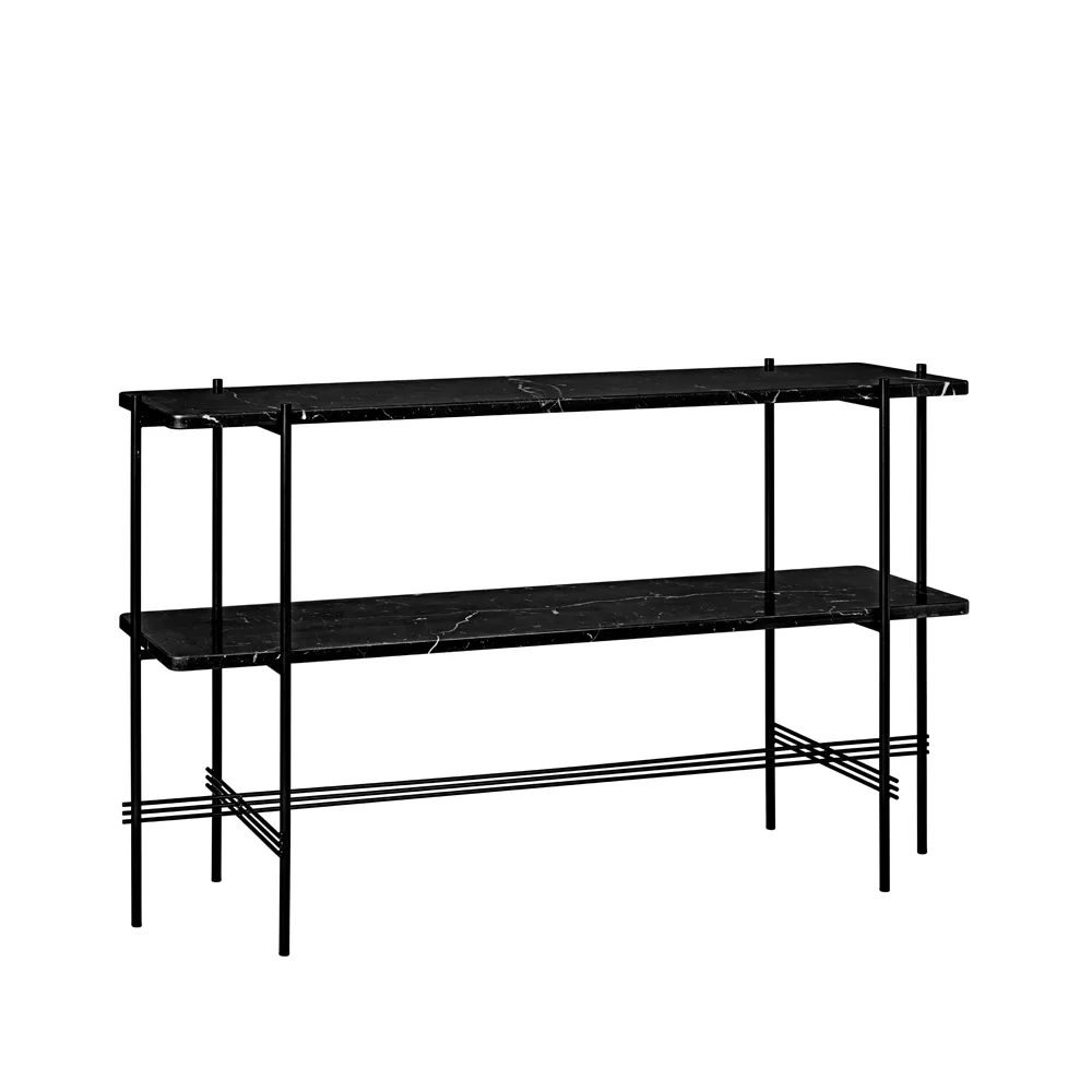 TS Console table 120x30x72 cm, Black marquina marble, black legs, 2 marble shelves GUBI