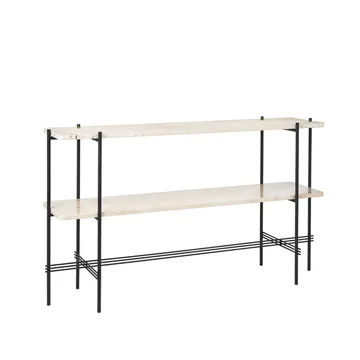 TS Console table 120x30x72 cm - Natural white travertine, black legs, 2 marble shelves - GUBI