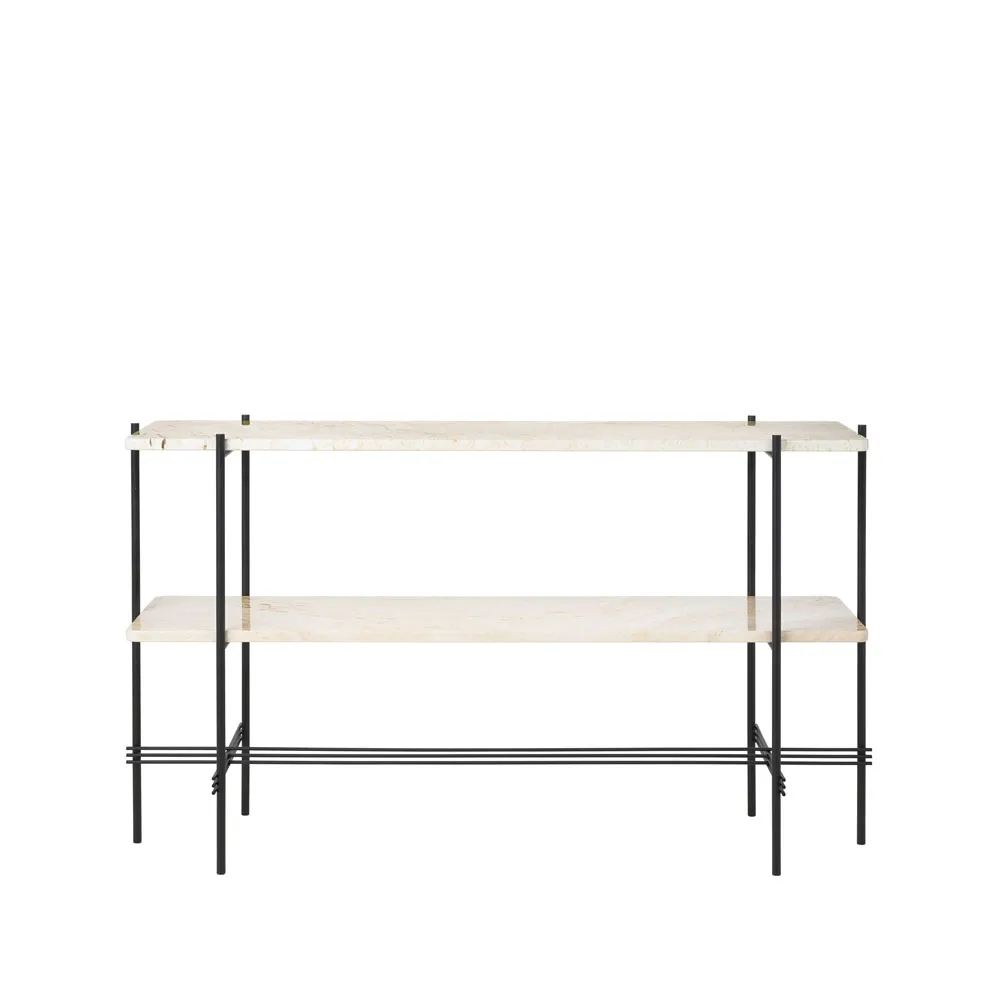 TS Console table 120x30x72 cm, Natural white travertine, black legs, 2 marble shelves GUBI