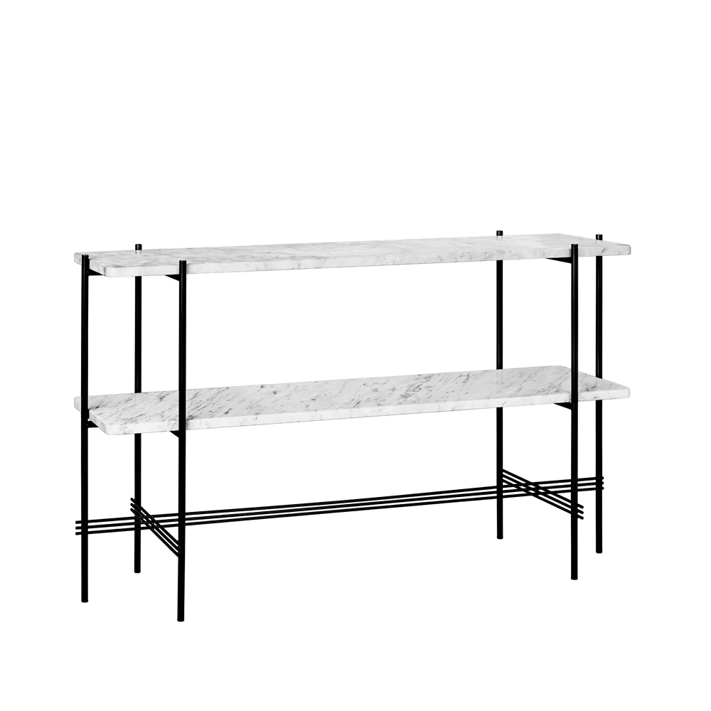 TS Console table 120x30x72 cm, White carrara marble, black legs, 2 marble shelves GUBI